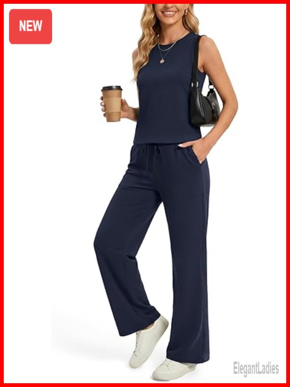 2 Piece Lounge Set Sleeveless Crop Top Wide Leg Pants Travel Outfits